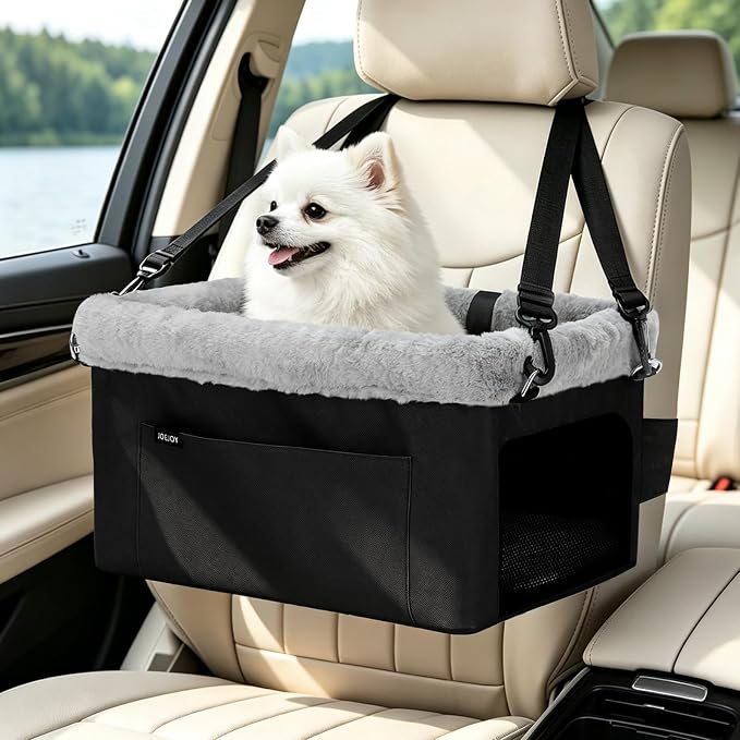 JOEJOY Deluxe Dog Booster Seat with Sturdy Metal Frame and Safety Leash for Small Pets up to 20 lbs - Portable Puppy Dog Car Seat with Thick Cushion and Storage Pockets for Small Dogs, Black by JOEJOY