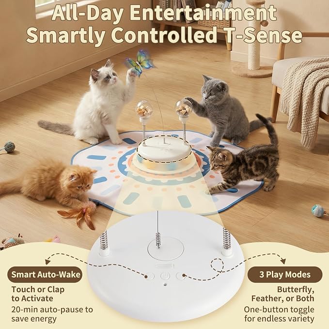 MOHAYA Interactive Cat Toy 5-in-1, Smart Automatic Cat Toys for Bored Indoor Cats, Motion & Sound Activated Toy with Fluttering Butterfly, Moving Feather, Track Balls & Slow Feeder Treat Dispenser - Image 6