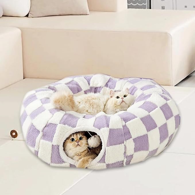 Cat Tunnel Bed with Washable Cushion for Indoor Cat, Donut Cave Tube Toys for Kitten Puppy Rabbit, Purple - Image 2