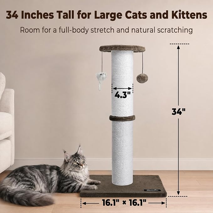 34-Inch Tall Cat Scratching Post for Large Cats, Stable Base, Brown | Heavy-Duty Cat Scratcher, Extra-Tall Thick Post, Soft Natural Cotton Rope, Hanging Interactive Cat Toys, Indoor Cat Furniture - Image 2