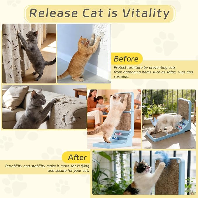 Cat Scratcher Cat Scratch Pad L Shape Wall Mounted Dual Use (Vert/Horiz) Kitten Bunifa Scratching Card Board Vertical Post with Ball Toys Feathers,Protecting Furniture Core is Replaceable Large Blue - Image 4