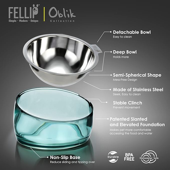 Felli Pet Oblik Acrylic Raised Dog Food Water Bowl Stainless Steel Slanted Oval Dish for Short Leg Puppy & Small Medium Pet, Elevated Tilted Metal Feeder (Classic, 1.5 Cups Oval Dish) - Image 2