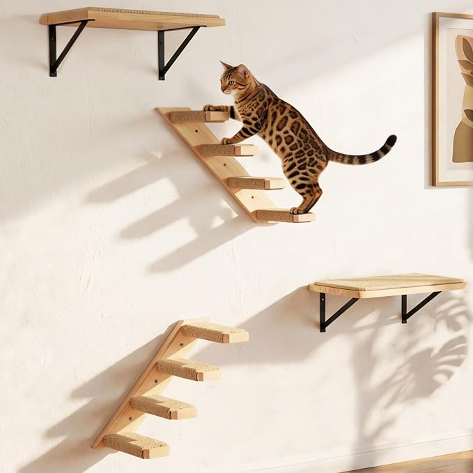 Cat Wall Shelves Stairs Cat Wall Furniture Mounted, 2PCS Shelves & 2PCS 4 Steps Climbing Shelf Scratching Perches for Sleeping, Playing, Climbing by PELUOMOZ