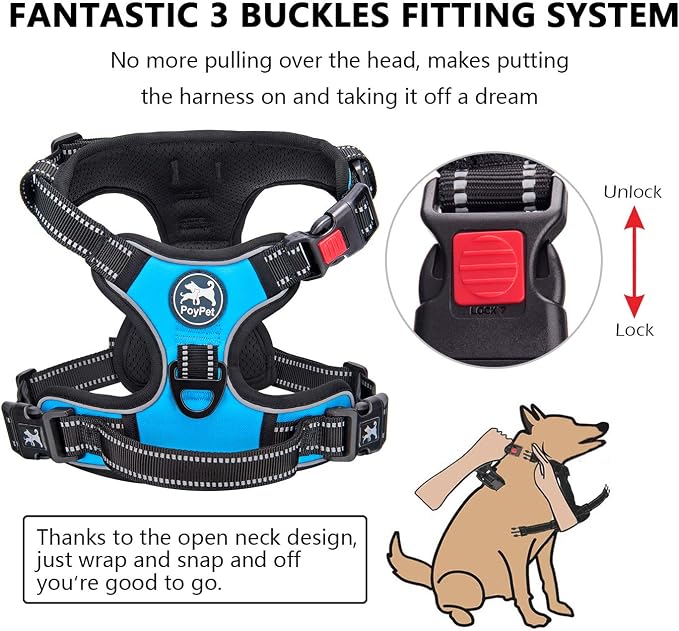 PoyPet No Pull Dog Harness Small with Front Clip & Neck Release Buckle | No Choke, Adjustable Vest, Reflective, Back Clip, Lockable, Soft Padded, Easy Control Handle for Walking Training, XS, Blue - Image 2