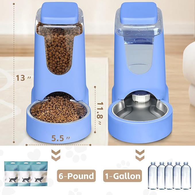 HWONMTE Portable Automatic Cat Feeder and Water Dispenser with Stainless Steel Bowl Dog Gravity Food Feeder and Waterer for Small Medium Pets Puppy Kitten 1 Gallon x 2 (Sapphire Blue) - Image 2