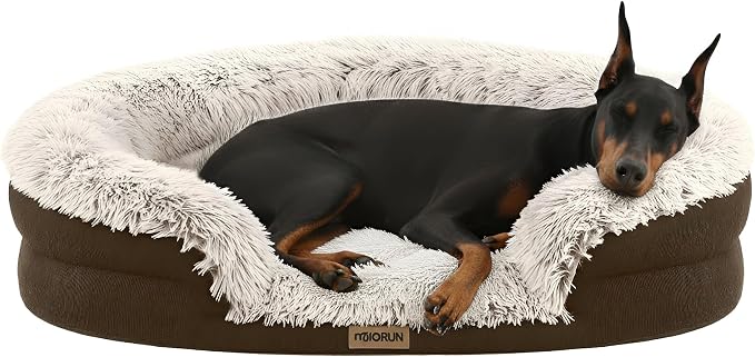 Miorun Fluffy Orthopedic Dog Beds Large Sized Dog, 48" Bolster Sofa Bed | Soft plush faux fur,lowered entry,washable cover,waterproof liner,claming dog couch for x-large dogs,supportive bolster by Miorun