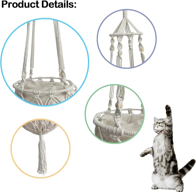 Macrame Cat Hammock Bed,Handwoven Hanging Boho Cat Bed with Hanging Kit for Indoor Outdoor Home Decor Ceiling Catio Swing for Playing Sleeping Climbing and Lounging(15.74x15.74x47.24IN)(L) - Image 8