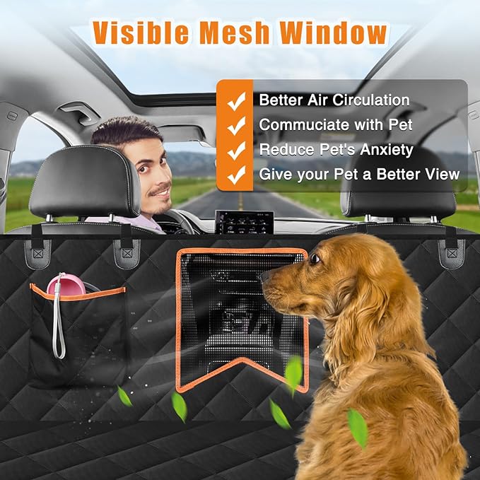 Kytely Dog Car Seat Cover Back Seat XL, Waterproof Hammock for Car & SUV | Side Flaps with Zippers, Mesh Window, 600D Oxford, Anti-Scratch Nonslip Backseat Protector, Dog Seat Belt Included - Image 3