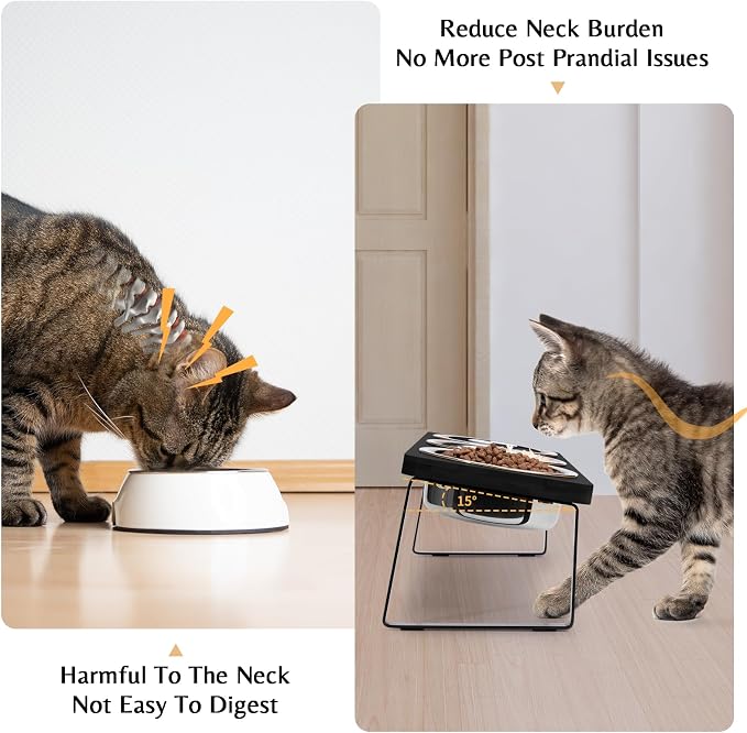 Elevated Black Cat Food Bowl for Indoor Cats, 3 Raised Water Bowl for Pet | Whisker Friendly, Anti Vomit, Feeding Station for Puppy, Stainless Steel, Pet Dish, Easy Assembly, Bamboo, Dishwasher Safe - Image 2