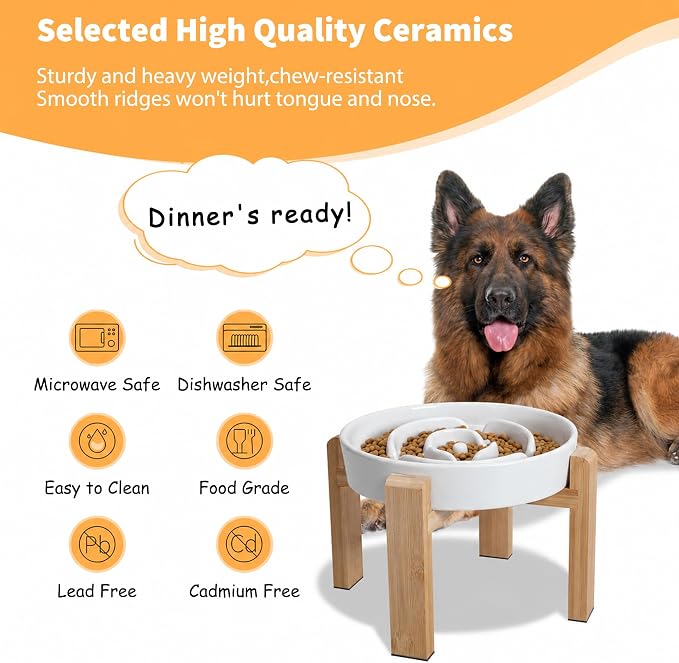 Elevated Slow Feeder Dog Bowl - Ceramic Food Dish with Bamboo Stand - Raised Maze Design - Ideal for Medium to Large Dogs - White - 8.8 inch | 3.2 Cups Slow Feeding Dog Dish for Fast Eaters, 7" Tall Anti-Slip Raised Slow Feeder for Medium to Large Bree... - Image 4