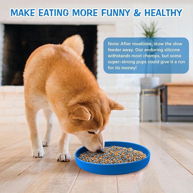 Fhiny Slow Feeder Dog Bowl Non-Slip Silicone - Blue Pet Food Dish for Fast Eaters, Dishwasher Safe - Image 4