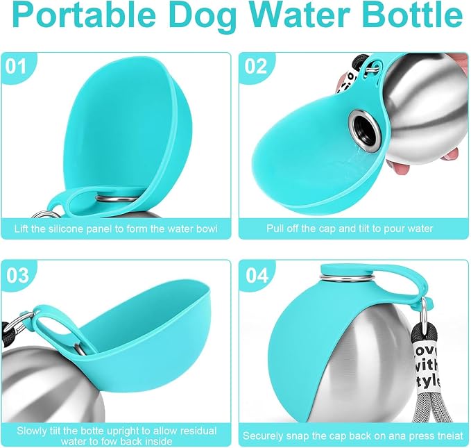 2 in 1 Portable Dog Water Bottle, 11 oz Leak-Proof Stainless Steel Bottle with Food-Grade Collapsible Silicone Bowl, Portable Hydration Gear for Walks, Hikes & Camping, Single Blue Unit - Image 4
