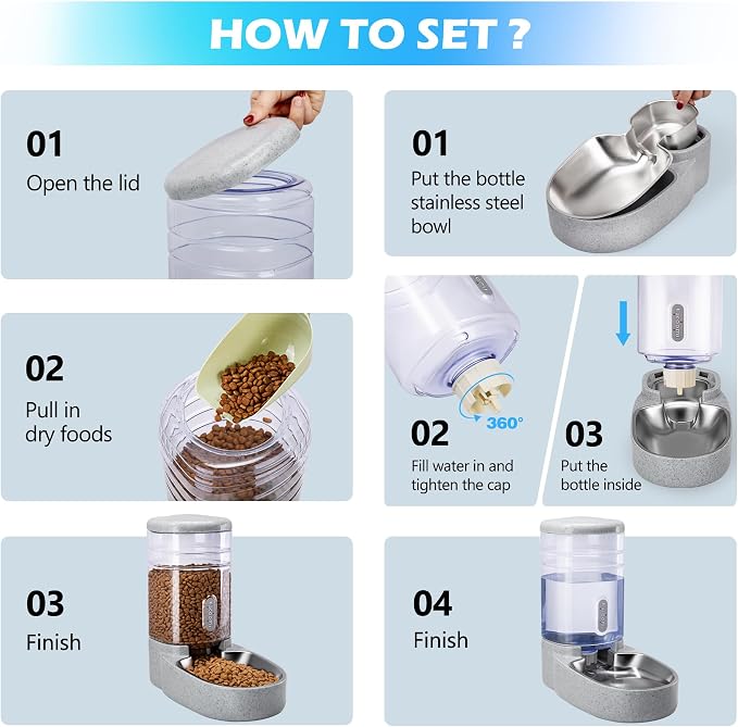 Automatic Cat Feeder and Water Dispenser with Stainless Steel Bowl Gravity Food Feeder and Waterer Set for Small Medium Dog Puppy Kitten 1 Gallon x 2(Grey) - Image 4