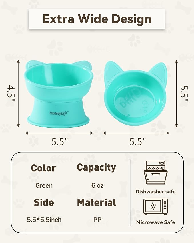 MateeyLife Raised Cat Bowls, Cat Food Bowl Elevated for Kittens & Small Dogs, 15°Tilted Protect Pets' Neck and Anti Vomiting, Whisker Friendly Food & Water Feeding Bowl, 6 oz Each - Green - Image 5