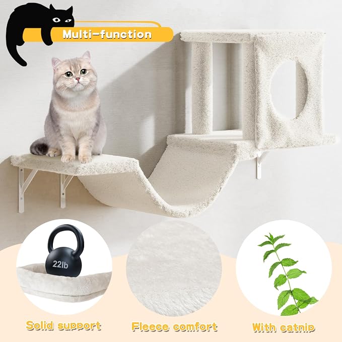 12-in-1 Cat Wall Shelves, Luxury Wall-Mounted Cat Climber Set | with Condos House, Scratching Post, Bridge Ladder, Indoor Space-Saving Furniture for Kittens, Beige - Image 4
