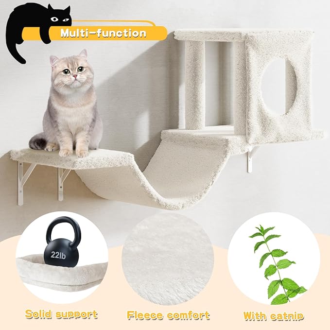 NUNU LAB Wall Mounted Cat Furniture Set - 6 Pcs Climber Set with House, Bridge, Steps, Scratcher Board - DIY Walls Playground, Indoor Cat Shelves - White - Image 4
