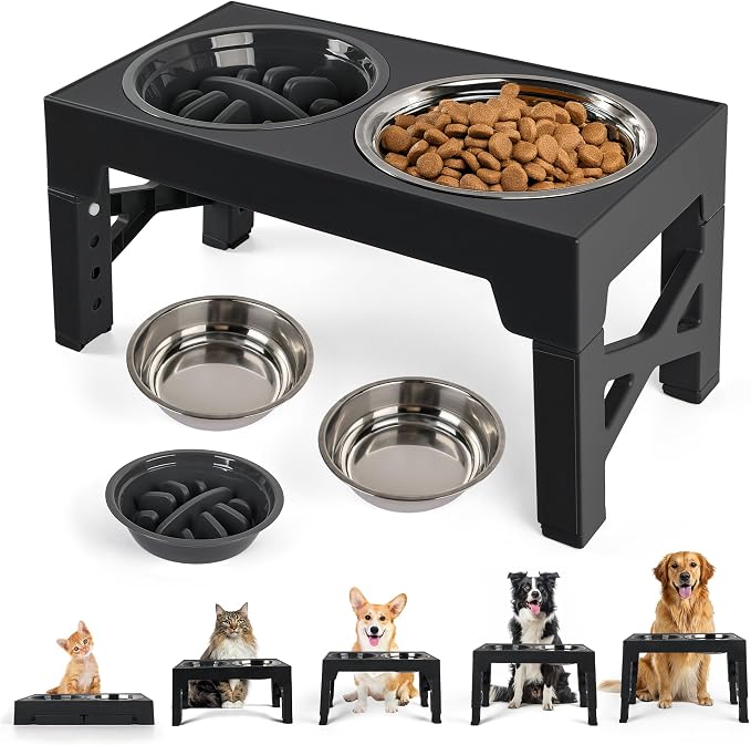 PAWISE Elevated Dog Bowls, 5 Height Adjustable Raised Dog Bowl Stand with 1 Slow Feeder Bowl & 2 Stainless Steel Bowls, Non-Slip Dog Feeding Station for Large, Medium, Small Dogs and Cats, Black by PAWISE