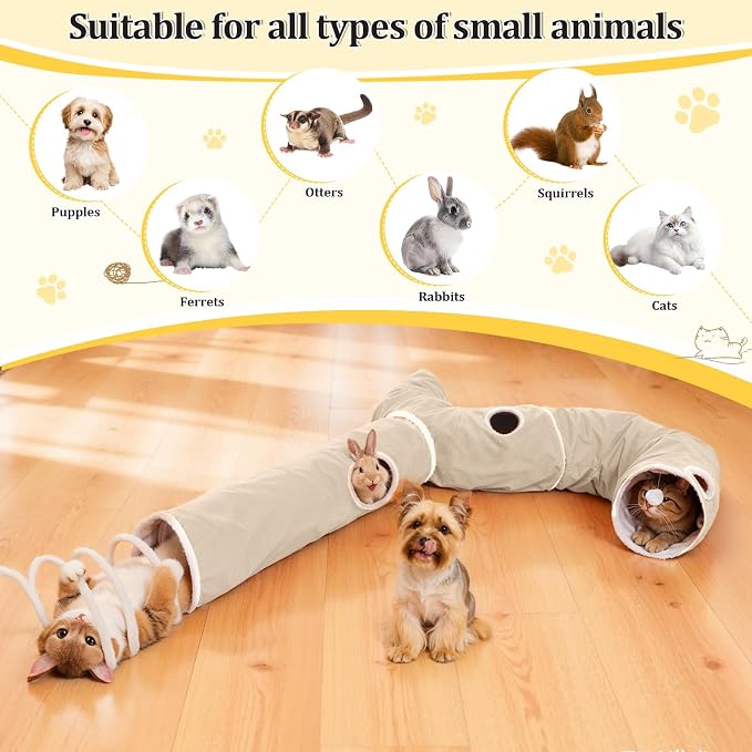 Ownpets 2-in-1 Cat Tunnel Large Lollipop Collapsible Cave Plush,12"D, Beige | Foldable Tunnel Bed, Fluffy Ball, Multi-Exit Maze, For Cats Kittens Puppies Rabbits, Soft Plush, Easy Store, Cozy Hiding Spot - Image 8