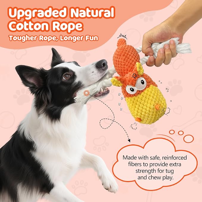 TOOPTATE Hippo Squeaky Dog Toy, Yellow Orange, Medium | Cute Plush Design, Rope Legs for Tugging, Helps Keep Dogs Busy, Suitable for Small, Medium, and Large Dogs - Image 6