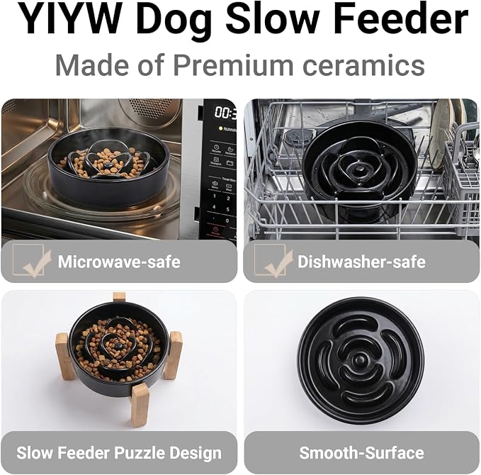 Elevated Ceramic Slow Feeder Dog Bowl with Stand 8.26in for Small&Medium Pet Raised Slow Feeder Dog Bowls Heavy Weighted Non-Toxic Non-Slip (Black, for Small&Medium Size) - Image 4