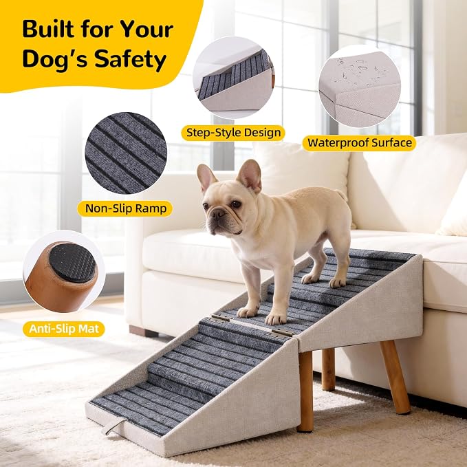 Dog Stairs for Small Dogs, 2-in-1 Foldable Pet Ramp and Ottoman, 17.13" H | Non-slip carpeted steps, solid wood support, gentle incline for couches, and a foldable ottoman design for compact storage. - Image 4