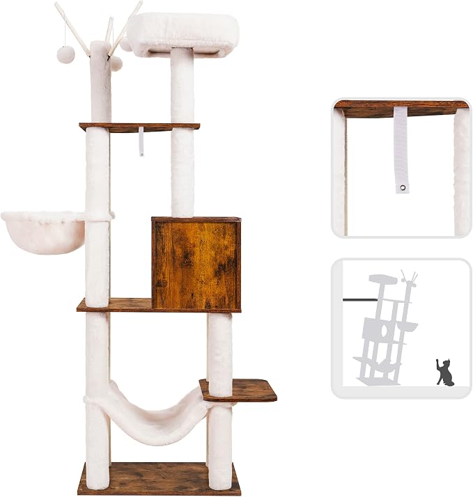 Hey-brother Wooden Cat Tree Tower with Hammock for Indoor Cats, MPJ120SR | 66.14 Inches Modern Scratching Post with Large Condo, Plush Top Platform, Cozy Basket, Bed, Hanging Toys, Rustic Brown - Image 9