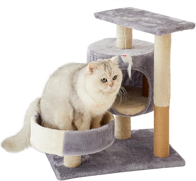 Cat Tree with Condo, Perch, and Scratching Posts, Gray and Beige, Multi-Level Tower with Hanging Toy by Unknown