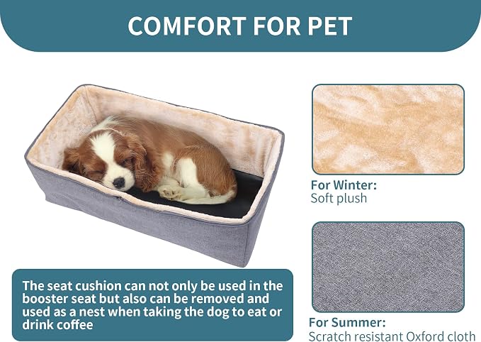 Petsfit Dog Car Seat for Large Dogs, Pet Travel Dog Booster Seat with 2 Safety Belt, Washable Double-Sided Cushion and Storage Pocket for Medium Dogs (Large, Light Grey) - Image 6
