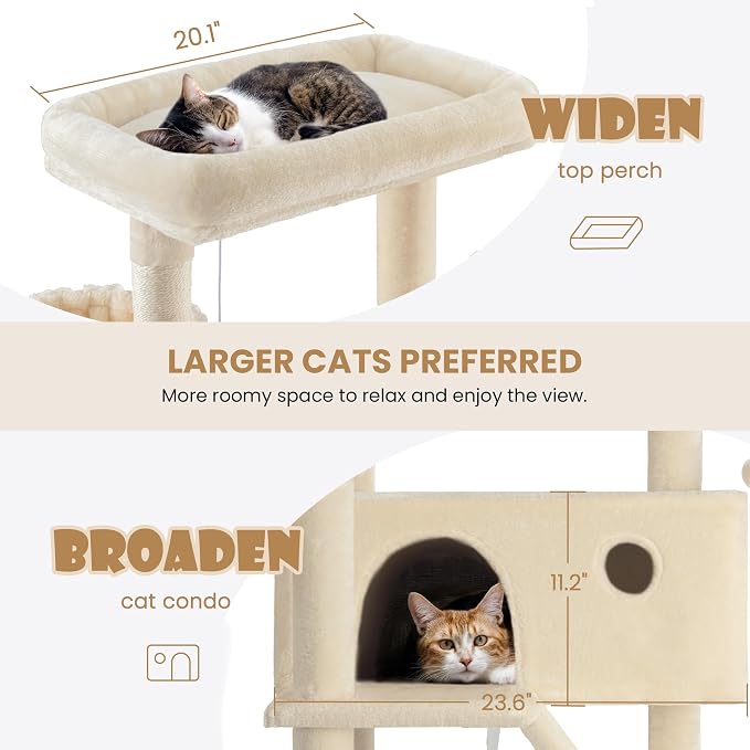 SHA CERLIN 81in Multi-Level Tall Cat Tree Tower for Indoor Kitties/Larger Cat Condo Furniture with Hammock/Cozy Pussycat Perches/Sisal Scratching Posts/Pet House/Wide Base/Beige - Image 5