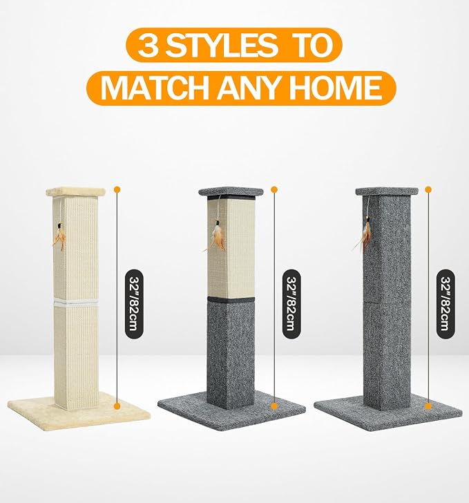 Made4Pets Cat Scratching Post for Indoor Cats, Sisal Cat Scratcher, 32" | Full Sisal Surface, Durable for Heavy Scratchers, Stable Base, Full-Body Stretching, Feather Toy for Kittens & Adult Cats - Image 9