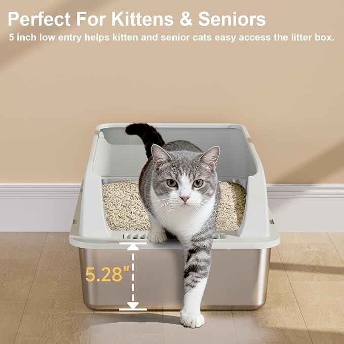 TENTIZON 2 Pack Stainless Steel Cat Litter Box, XL Large Metal Kitty Litterbox with High Side Lids, Litter Mat, Scooper for Big Cats, Multi Cats, No Odor, No Mess, Leak Proof, Easy Clean, Non Stick - Image 6