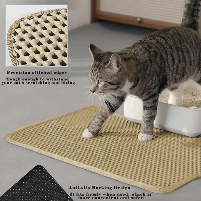 HCY&WLD Cat Litter Mat, Honeycomb Double Layer Litter Trapping Mat | Safe Materials, Soft on Paws, Waterproof Urine Proof Non-Slip, Protects Floors, Less Waste, Easy to Clean, Beige, 30" x 22" - Image 3