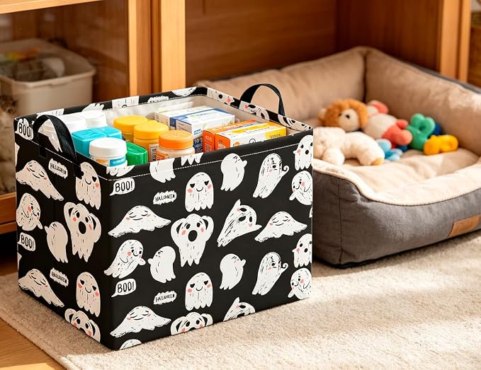 CLOCOR Rectangular Storage Basket Empty,Gift Basket,Waterproof Storage Bin with Handles,Room Decor(Black Ghost Halloween) - Image 4