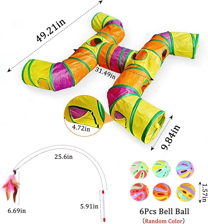 4-Way Large Cat Tunnel, H Shape Cat Tube Toy with Interactive Playing Balls, Peek Hole for Indoor Cats, Kitten, Kitty, Puppy, Rabbit (Multicolor) - Image 2