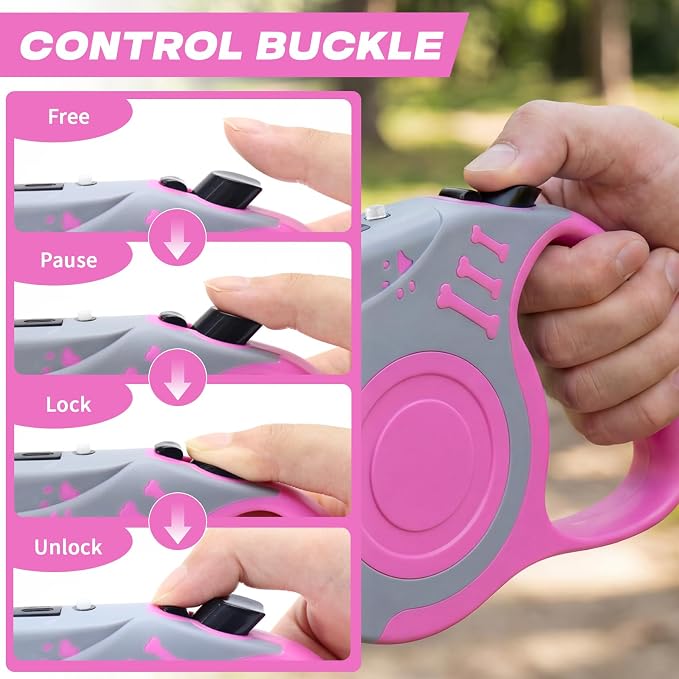 Retractable Dog Leash with USB Rechargeable Flashlight, Pink | 16FT Automatic Telescopic Tractor Dog Leash, Durable ABS Case and Comfort Grip, Designed for Small Medium Dogs Up to 30lbs - Image 5