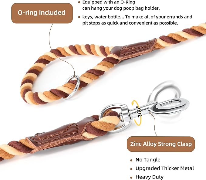 Mile High Life Rainbow Dog Leash Braided Cotton Rope w Leather-Wrapped Ends | Rust-proof 360° swivel clasp, Heavy-duty for medium/large breeds. Great for weddings, daily walks (5FT, 1/2", Brown Gradient) - Image 4