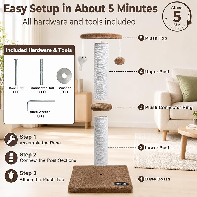 34-Inch Tall Cat Scratching Post for Large Cats, Sturdy Base, Tan | Heavy-Duty Cat Scratcher, Extra-Tall Thick Post, Soft Natural Cotton Rope, Hanging Interactive Cat Toys, Indoor Cat Furniture - Image 6
