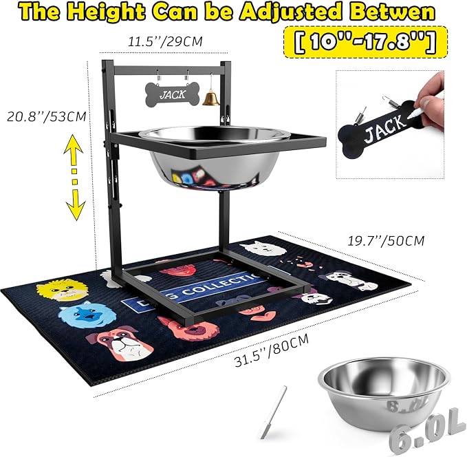 1.6Gallon Elevated Dog Water Bowl for Large Dogs, Height Adjustable (10-17.8in) Raised Stainless Steel Bowl with Spill-Proof Mat & Sturdy Metal Stand, Easy-Clean Feeder for Indoor/Outdoor Use - Image 3