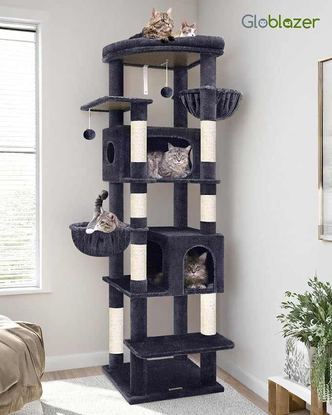 Globlazer 74in Heavy Duty Cat Tree Tower for Indoor Large Cats Adult, S74 | Sturdy Cat Tower with 7 Scratching Posts, 2 Widened Padded Condos for Big Cats, Dual-Ear Baskets, Enlarged Perch, Dark Grey - Image 7