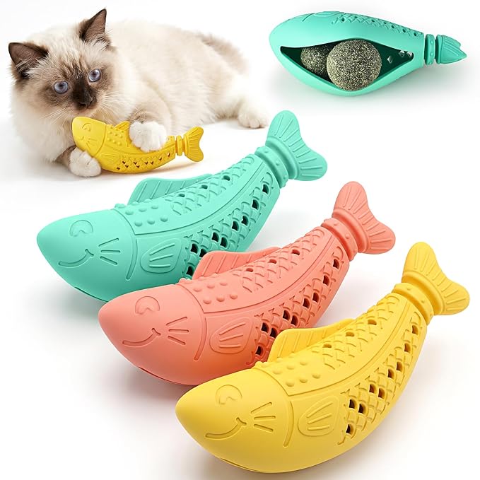 NEZIN 3 Pack Catnip Toys, Silicone Fish Cat Toys for Indoor Cats, Interactive Soft Chew Kicker Cat Toys for Indoor Cats & Kittens, Drives Bored Cat Crazy with Fun by NEZIN