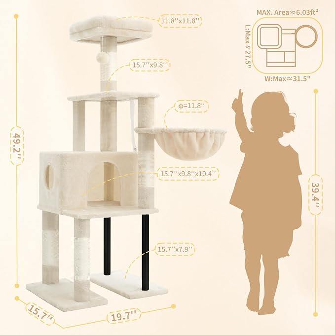 Heybly Cat Tree with Toy, 49.2 inch Cat Tower for Indoor Cats HCT200SM | Spacious Cat House Condo with Hidden Space，Soft Plush Top Perch，Cozy Hammock and Sisal Scratching Posts, Beige - Image 3
