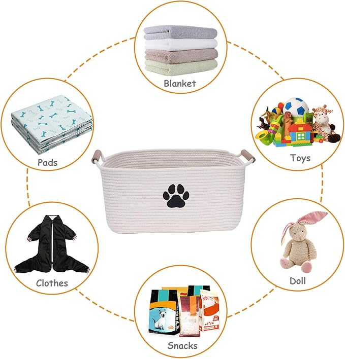 Geyecete dog toy basket Cotton Rope dog toy box with wood handle pet toy bin Blanket Storage Basket Decorative Clothes Hamper Basket Large Baskets - Image 3
