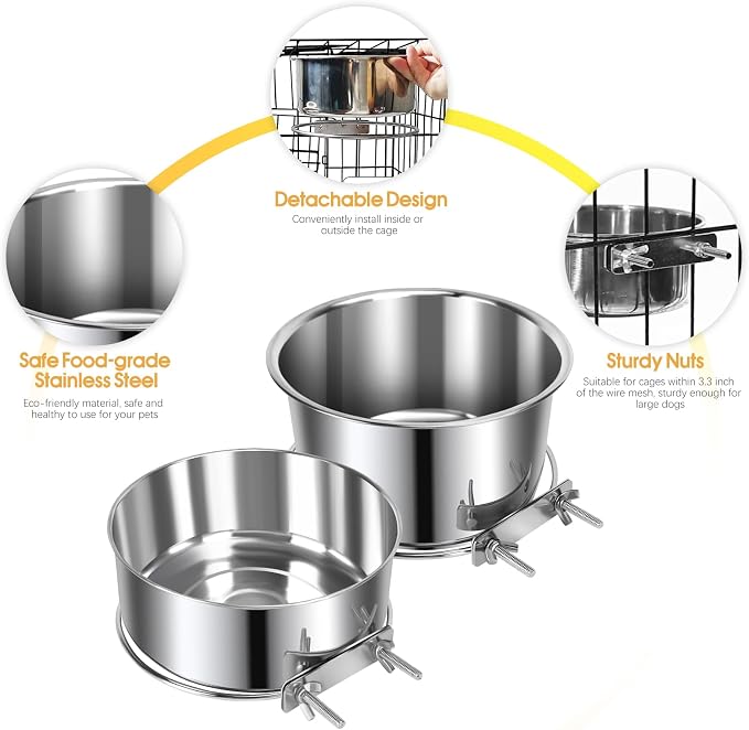 2 Pcs Stainless Steel Large Dog Crate Food Water Bowl, 82 & 56 OZ | Non-Spill, Detectable, Hanging Cage, Crate Feeder Dish with Clamp Holder for Large Pets, Size 7.1x3.7'' & 7.1x2.5'' - Image 5