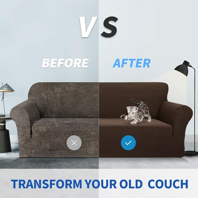 ZNSAYOTX 1 Piece Jacquard Couch Covers for 2 Cushion Couch High Stretch Loveseat Slipcover for Pets Dogs Anti Slip Love Seat Sofa Slipcover Furniture Protector (Loveseat, Dark Coffee) - Image 5