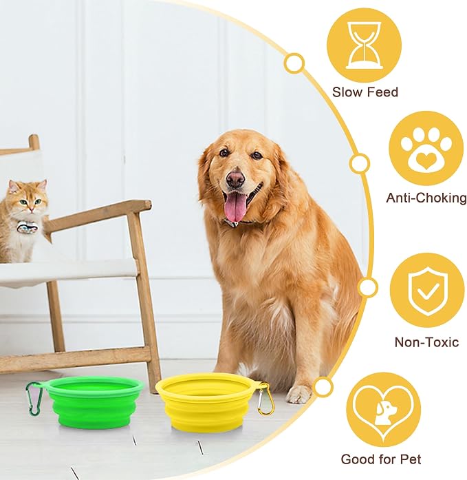 Small Collapsible Dog Bowls (12oz), 2 Pack 2 Colors Pet Travel Foldable Bowl and Slow Feeding Frisbee with Carabiners, Healthy, Soft Silicone, Portable Essential Set for Walking, Travel, and Hiking - Image 6