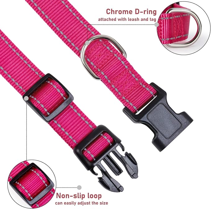 Reflective Dog Collar with Buckle Adjustable Safety Nylon Collars for Small Medium Large Dogs, Pink L | Comfortable & Breathable, No Chafing on Walks and Outdoor Hikes, Metal D-Ring, Night Safety - Image 3