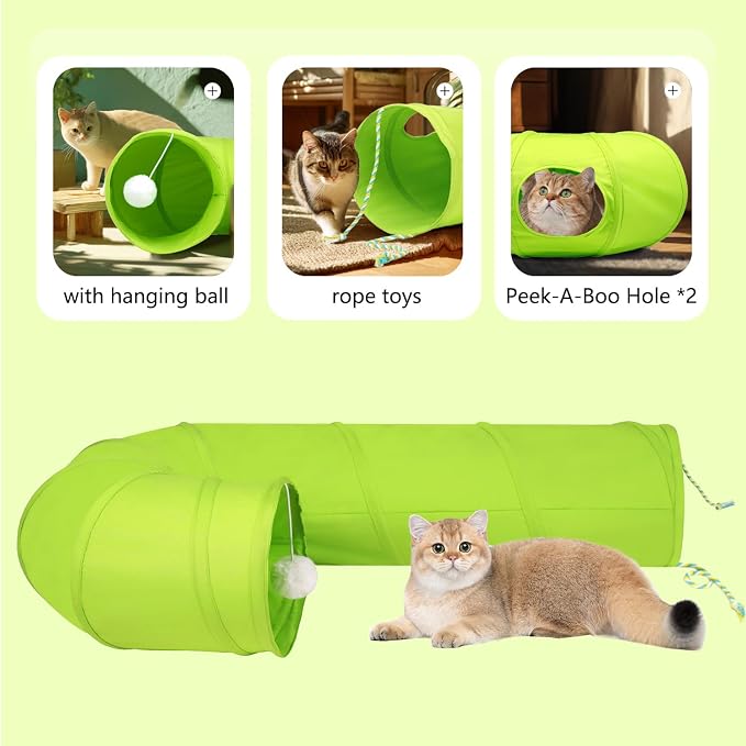 Cat Tunnel, 2-Way Collapsible Cat Tube with Interactive Peek-A-Boo Hole, Toy Ball, and Rope – Ideal for Indoor Cats, Kittens, and Rabbits (Green) - Image 2