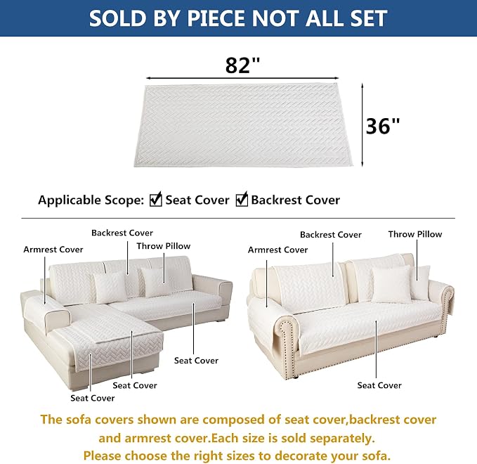 Eismodra Couch Cover,Sectional Couch Covers,Sofa Covers for 3 Cushion Couch,Anti-Slip Sofa Slipcovers for Dogs Cats Kids Loveseat Recliner L Shaped Armrest Backrest,White 36''x82''(Only 1 Piece) - Image 5