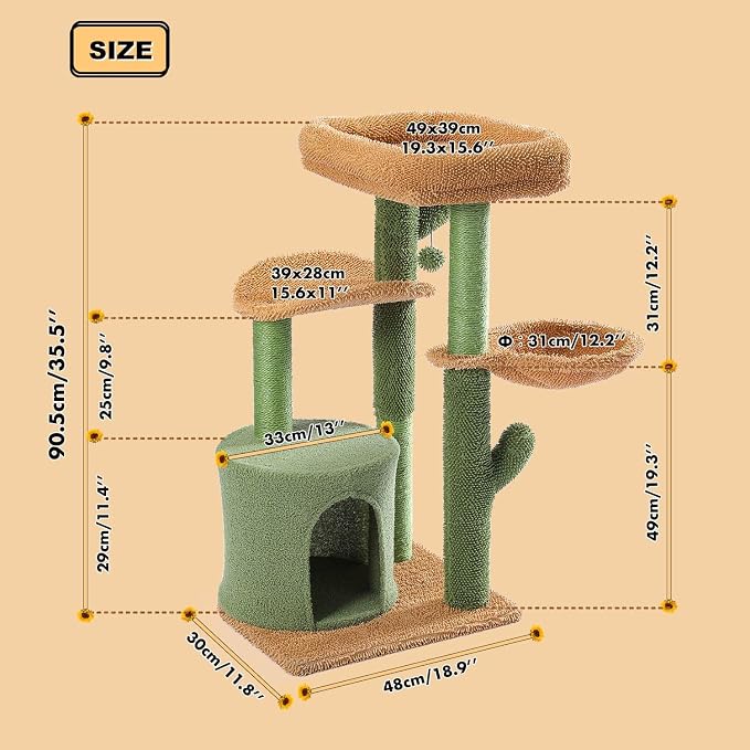 Cactus Cat Tree, Multi-Level Cat Tower with Large Metal Carpet Hammock, Cat Scratching Post for Indoor Cats with Condo & Replaceable Toy Ball, Green - Image 6