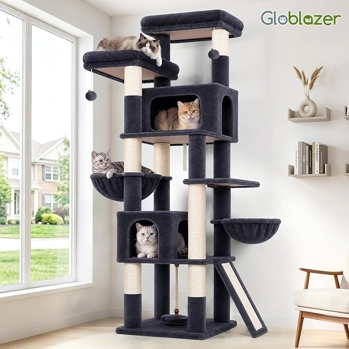 Globlazer 75in Tall Cat Tree Tower for Indoor Cats, F75B, Dark Grey | Large Cat Tree for Indoor Cats Large Adult, Multi-Level Cat Tower with 7 Scratching Posts, 2 Cat Condos, 2 Top Perches - Image 9